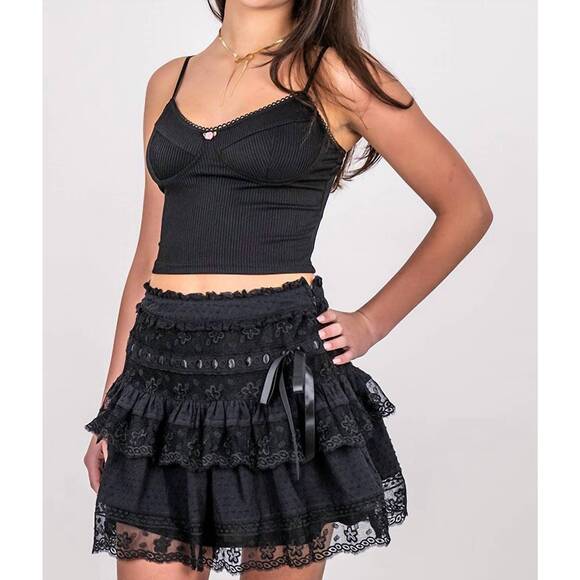 NEW SKY TO MOON ribbon trim lace tiered skirt in black - Picture 2 of 3